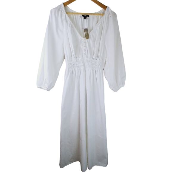 J.Crew SZ XS V-Neck Midi Dress In Cotton Poplin Smocked Waist L/S Pockets NWT - Picture 2 of 7